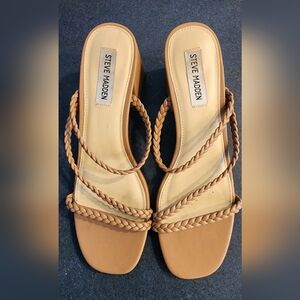 Steve Madden Braided Strap Square-Toe Heeled Sandals in Tan